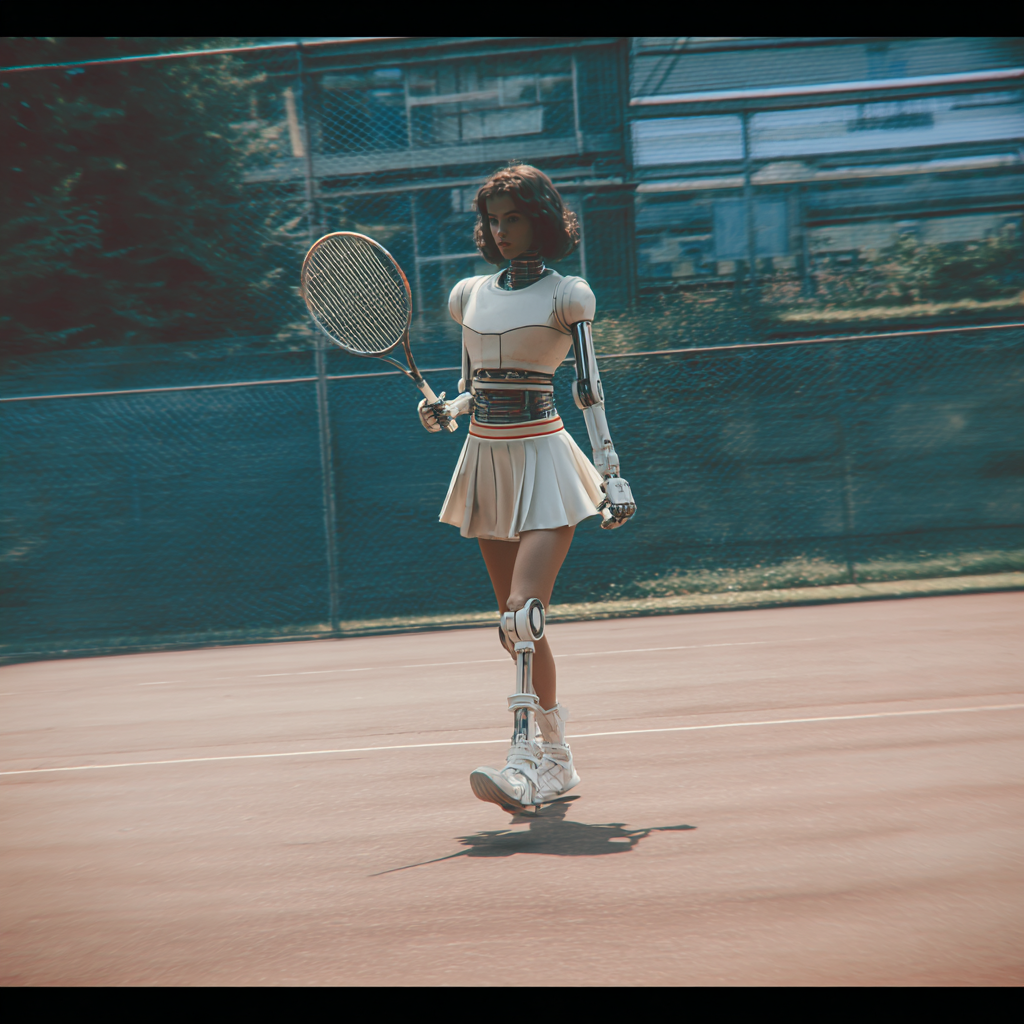 A humanoid tennis robot holding a racket