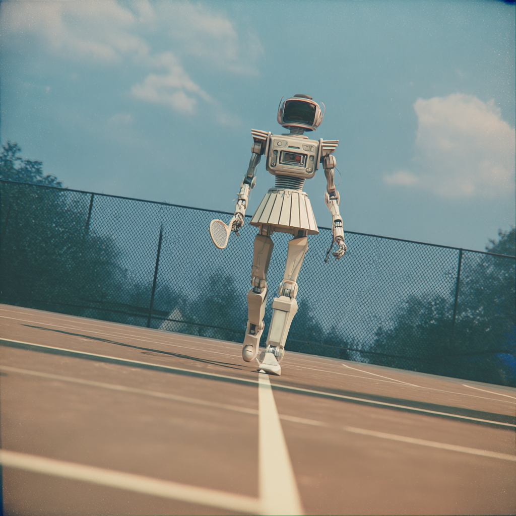 A tennis robot walking along a bright court line