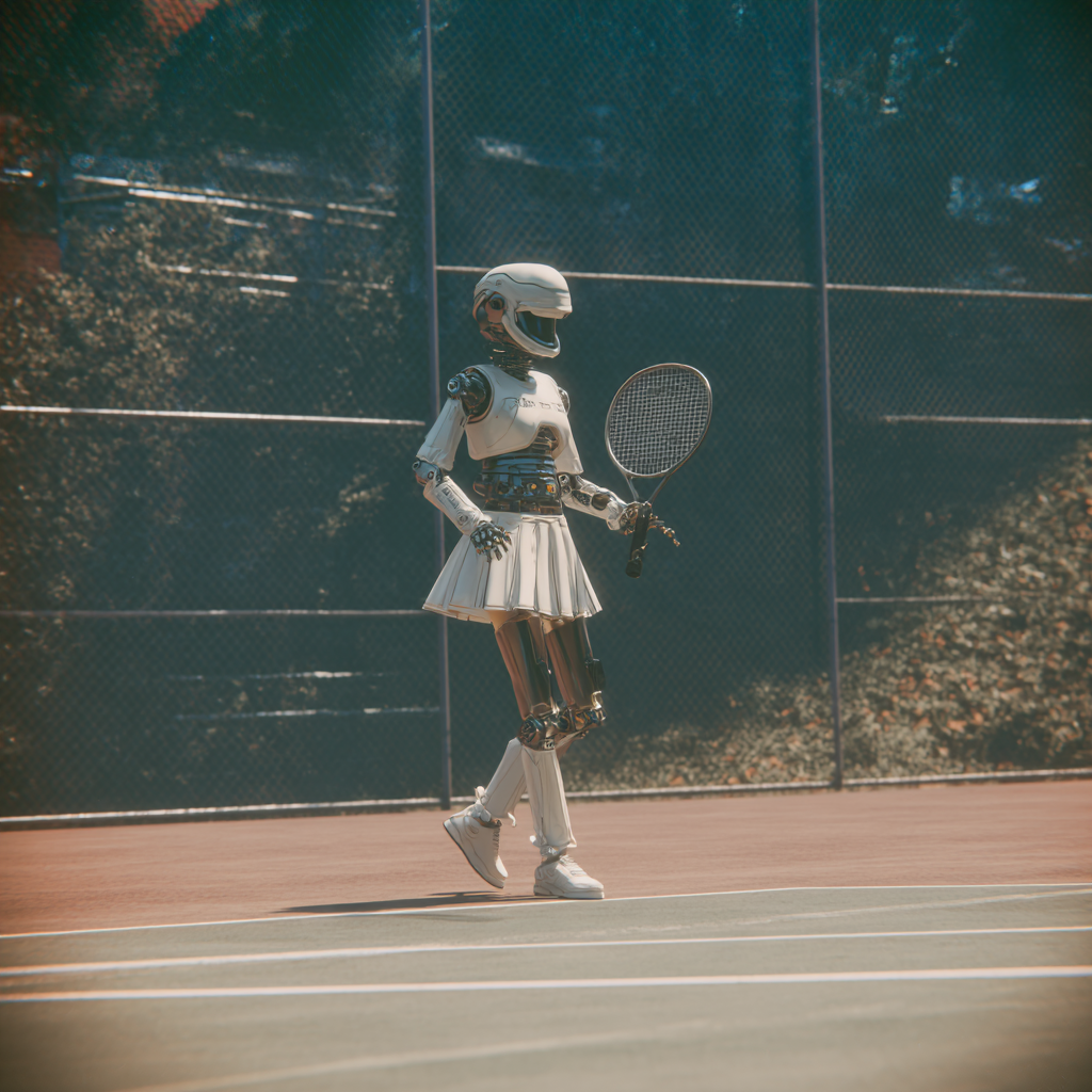 A tennis robot in profile holding a racket