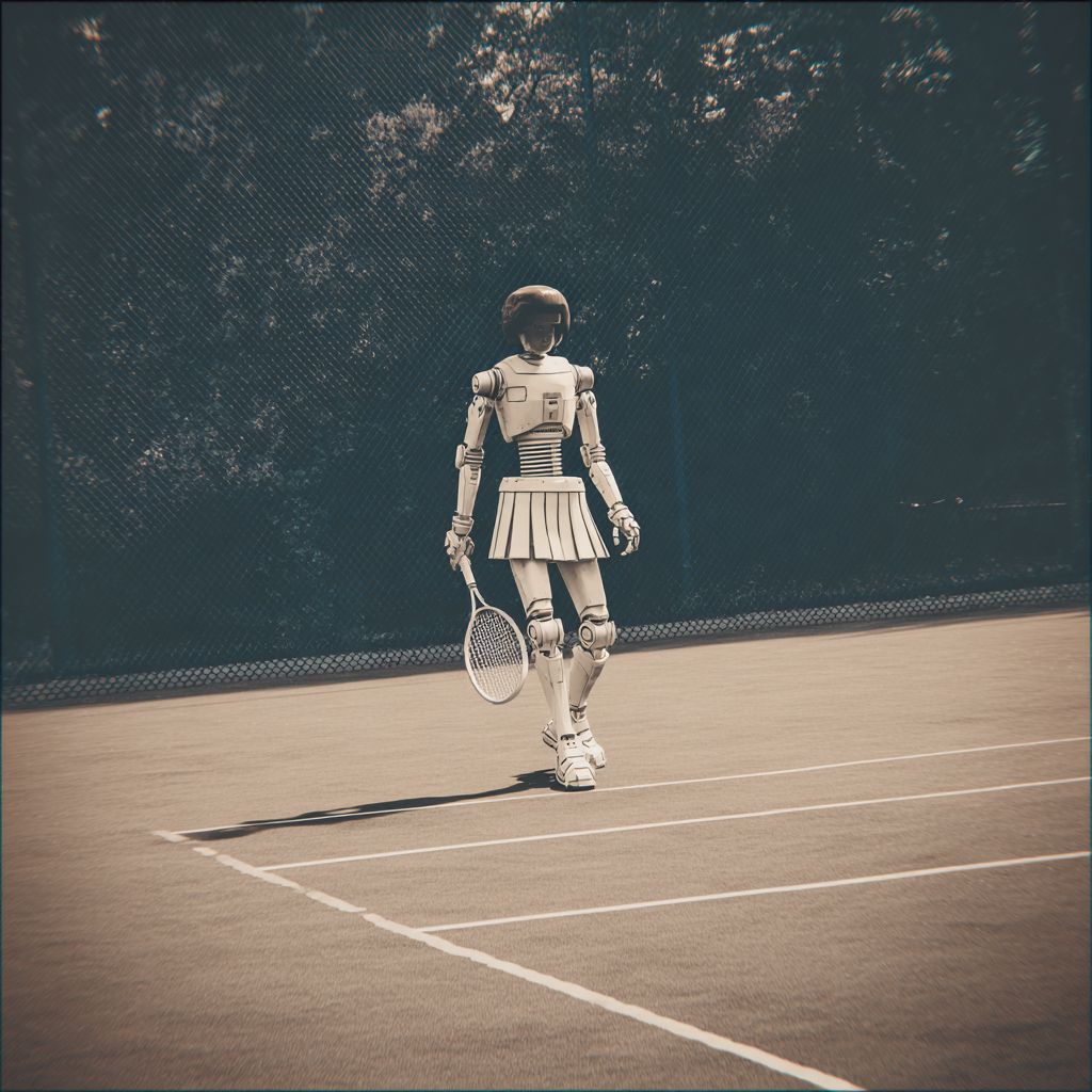 A tennis robot walking away across a court baseline